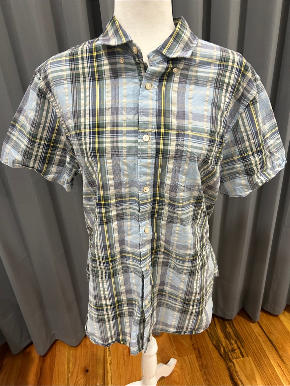 J. Peterman Light Blue and Yellow Plaid Short-Sleeve Button-Down Shirt